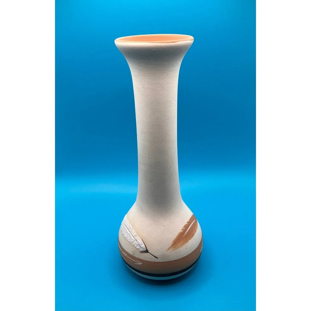 Buck Skin Pottery Bud Vase Small Cream Hand Painted Feather Terracotta 1995